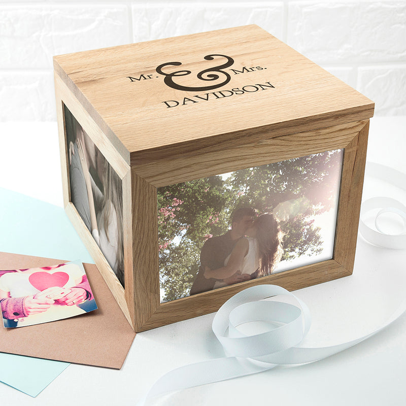 Personalised Classic Mr & Mrs Oak Photo Cube Keepsake Box