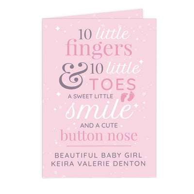 Personalised Memento Greetings Cards Personalised '10 Little Fingers' Pink Baby Card