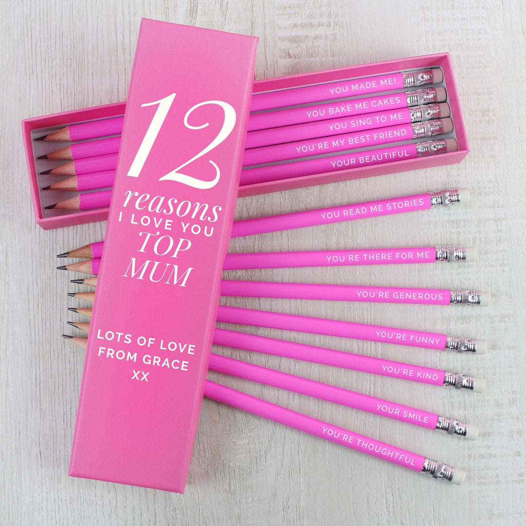 Personalised Memento Personalised 12 Reasons Box and 12 Pink HB Pencils
