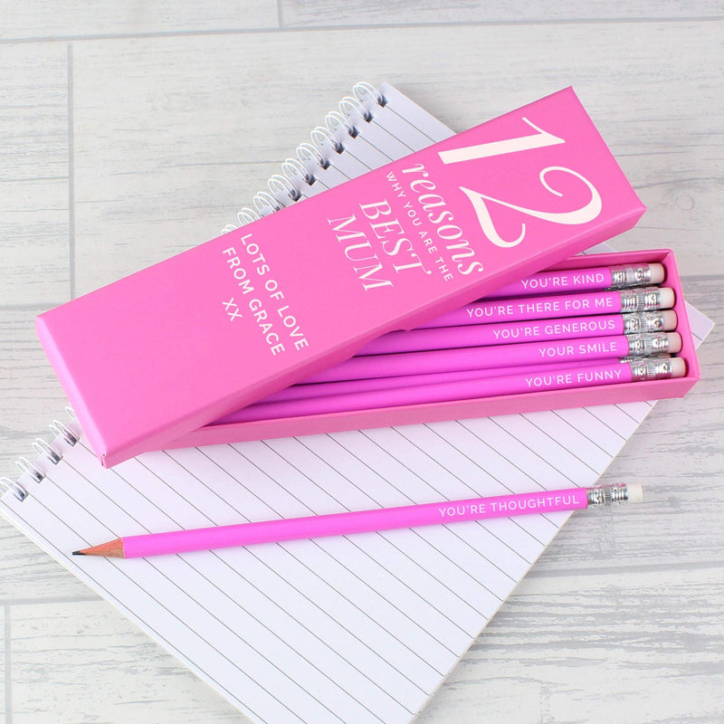 Personalised Memento Personalised 12 Reasons Box and 12 Pink HB Pencils