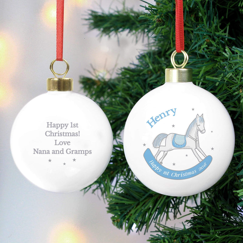 Personalised Memento Personalised 1st Christmas Blue Rocking Horse Bauble