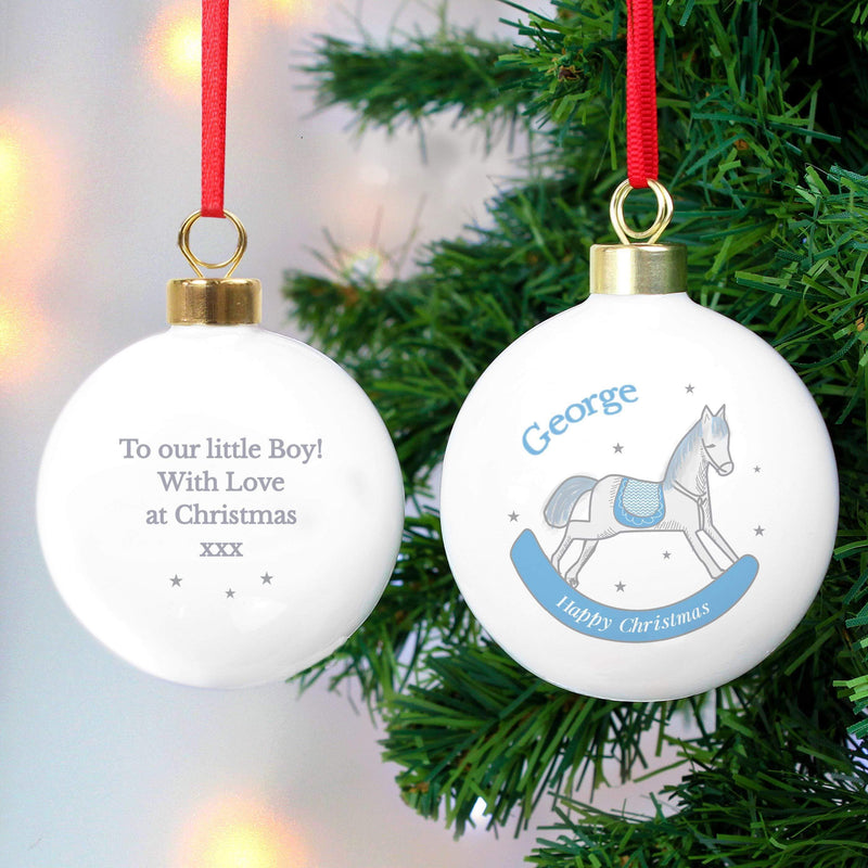 Personalised Memento Personalised 1st Christmas Blue Rocking Horse Bauble
