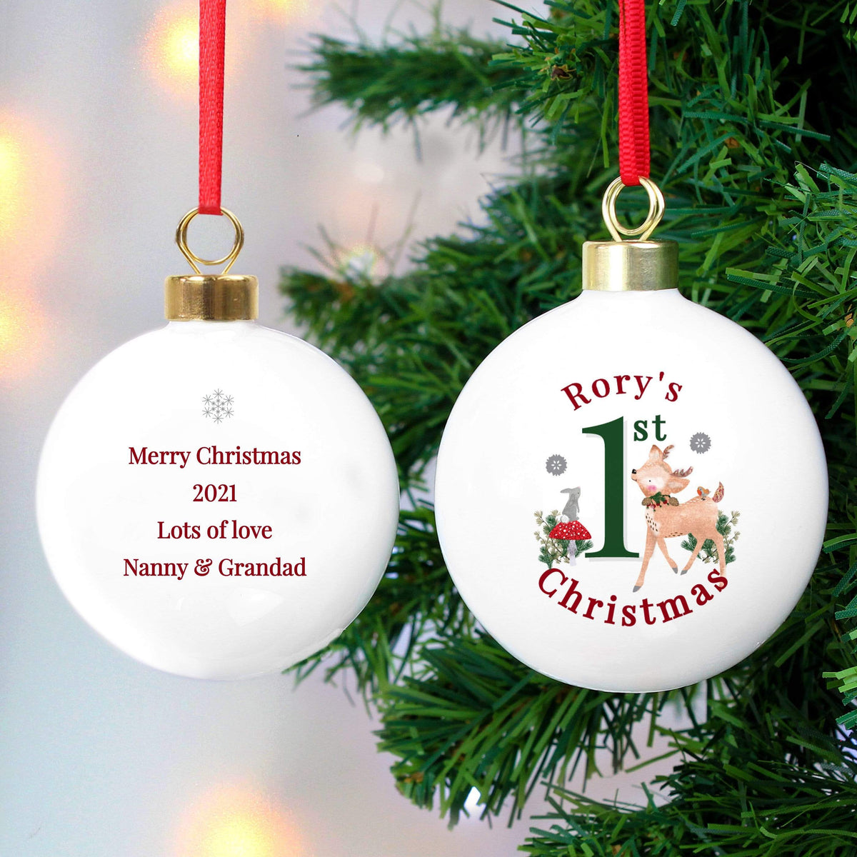 Personalised Memento Personalised 1st Christmas Festive Fawn Bauble