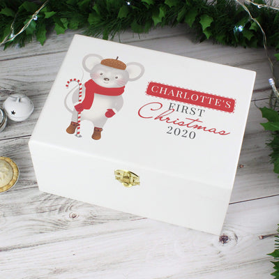 Personalised Memento Wooden Personalised '1st Christmas' Mouse White Wooden Keepsake Box