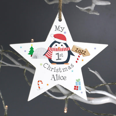 Personalised Memento Personalised 1st Christmas Penguin Wooden Star Decoration