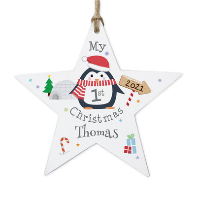 Personalised Memento Personalised 1st Christmas Penguin Wooden Star Decoration