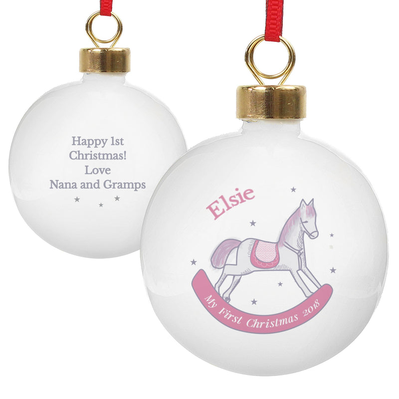 Personalised Memento Personalised 1st Christmas Pink Rocking Horse Bauble