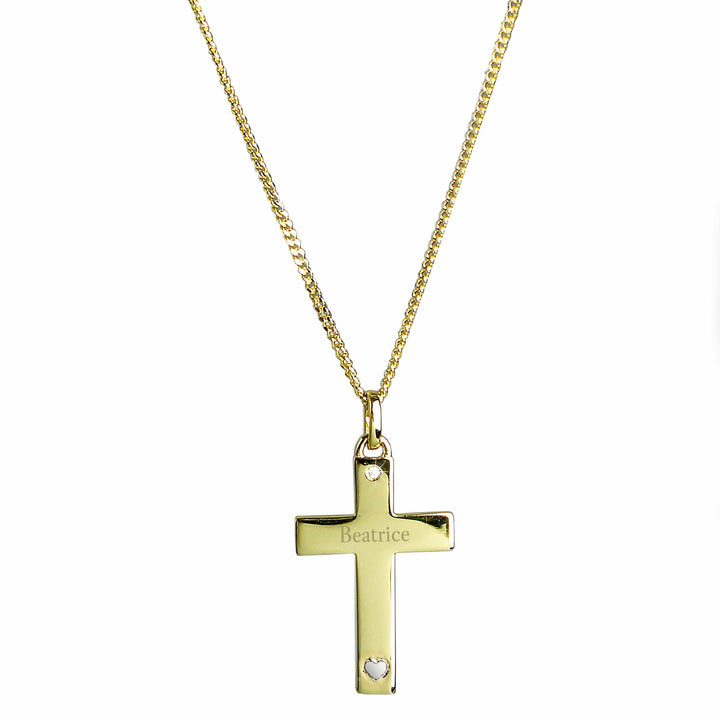 Personalised Memento Jewellery Personalised 9ct Gold Cross with Sterling Silver Heart &amp; CZ Necklace