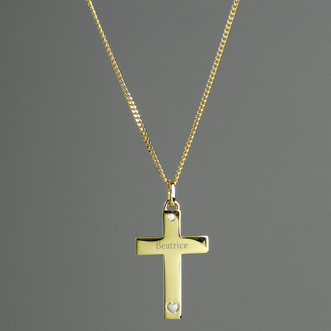 Personalised Memento Jewellery Personalised 9ct Gold Cross with Sterling Silver Heart &amp; CZ Necklace