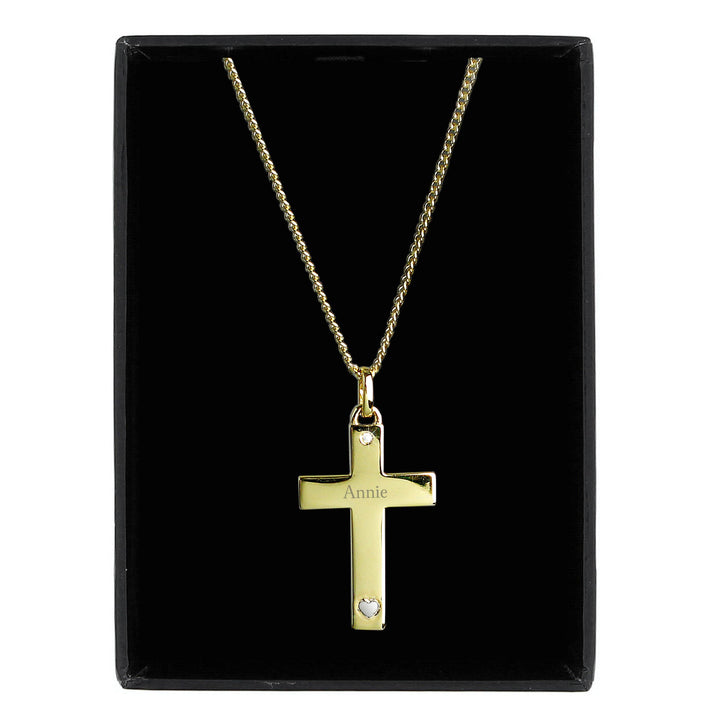 Personalised Memento Jewellery Personalised 9ct Gold Cross with Sterling Silver Heart &amp; CZ Necklace
