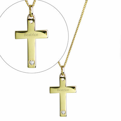 Personalised Memento Jewellery Personalised 9ct Gold Cross with Sterling Silver Heart & CZ Necklace