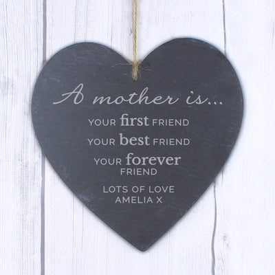 Personalised Memento Slate Personalised 'A Mother Is' Slate Heart Decoration
