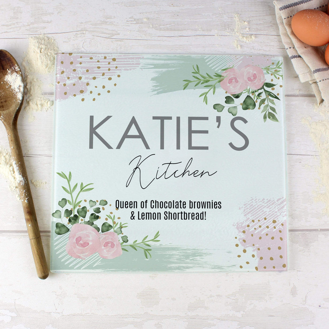 Personalised Memento Kitchen, Baking &amp; Dining Gifts Personalised Abstract Rose Glass Chopping Board/Worktop Saver