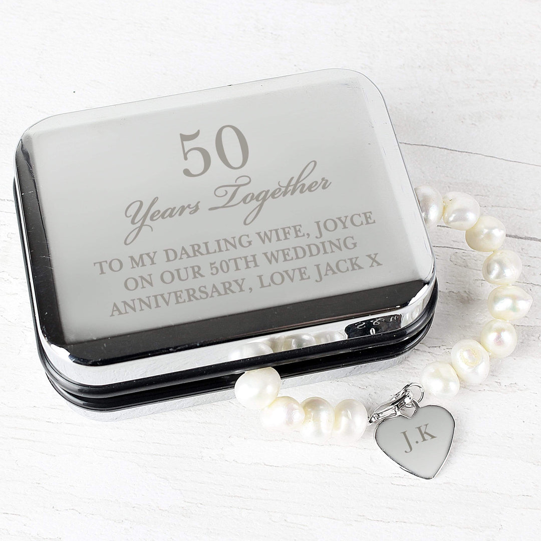 Personalised Memento Trinket, Jewellery &amp; Keepsake Boxes Personalised Anniversary Silver Box and Pearl Bracelet