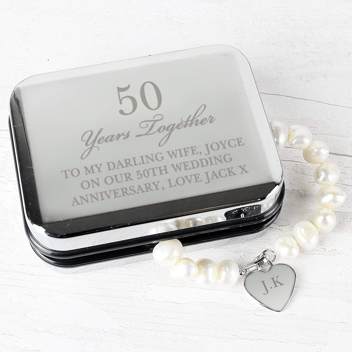 Personalised Memento Trinket, Jewellery &amp; Keepsake Boxes Personalised Anniversary Silver Box and Pearl Bracelet