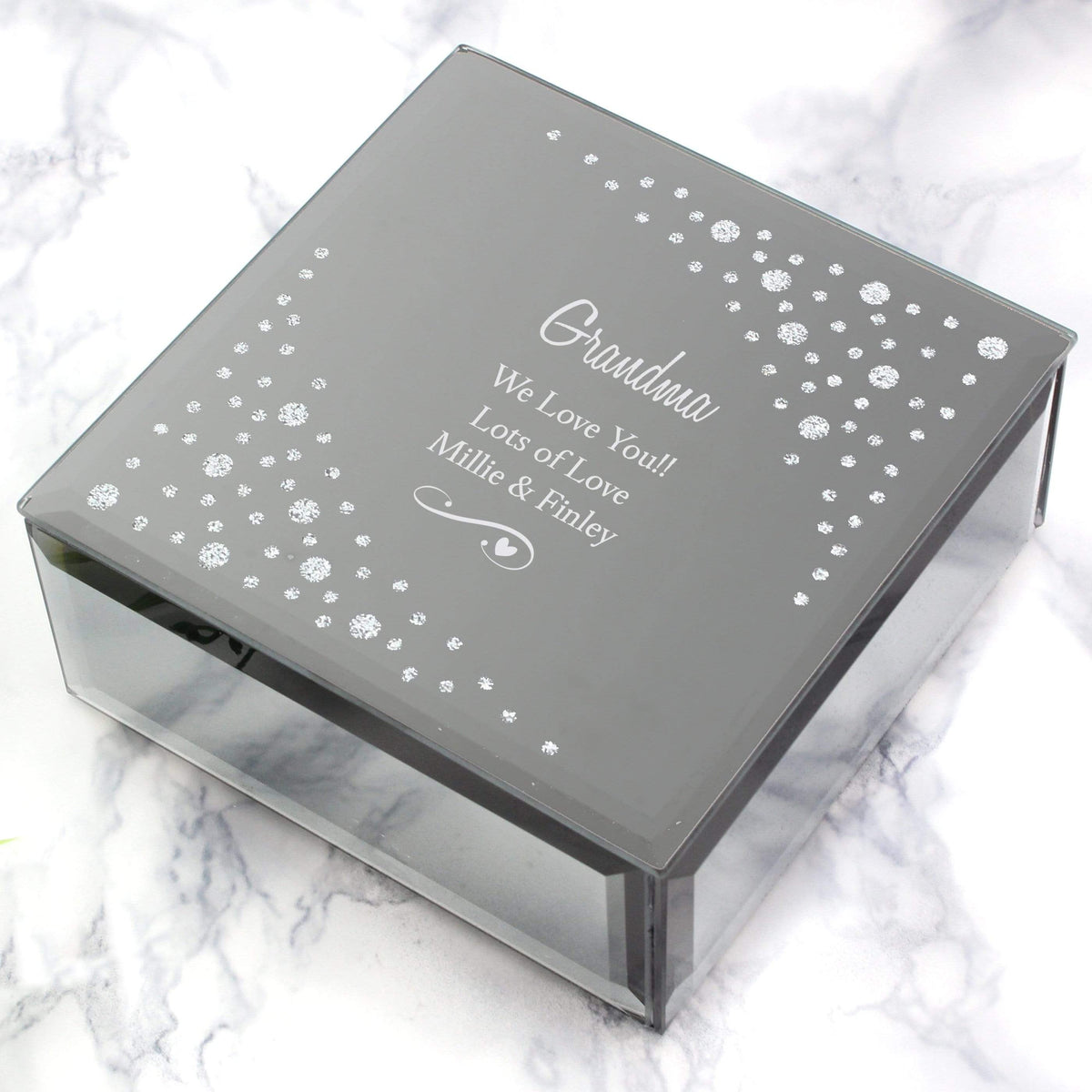 Personalised Memento Trinket, Jewellery & Keepsake Boxes Personalised Any Message Swirls & Hearts Diamante Glass Trinket Box