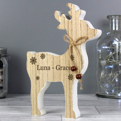 Personalised Memento Wooden Personalised Any Name Rustic Wooden Reindeer Decoration