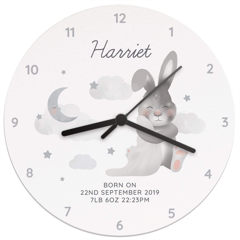 Personalised Memento Clocks & Watches Personalised Baby Bunny White Wooden Clock