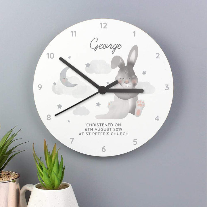 Personalised Memento Clocks &amp; Watches Personalised Baby Bunny White Wooden Clock