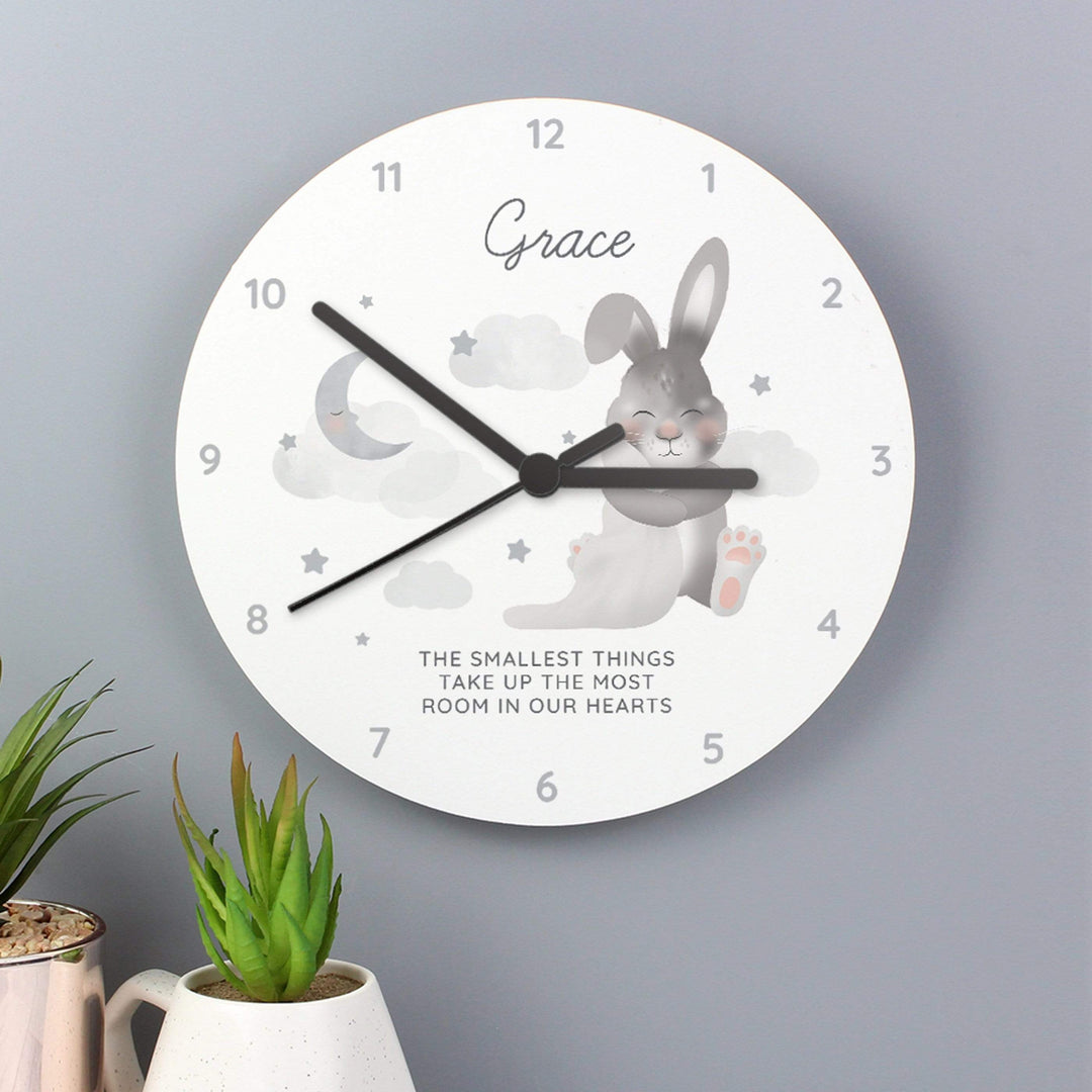 Personalised Memento Clocks &amp; Watches Personalised Baby Bunny White Wooden Clock