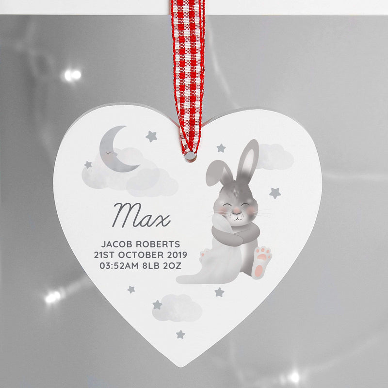 Personalised Memento Wooden Personalised Baby Bunny Wooden Heart Decoration