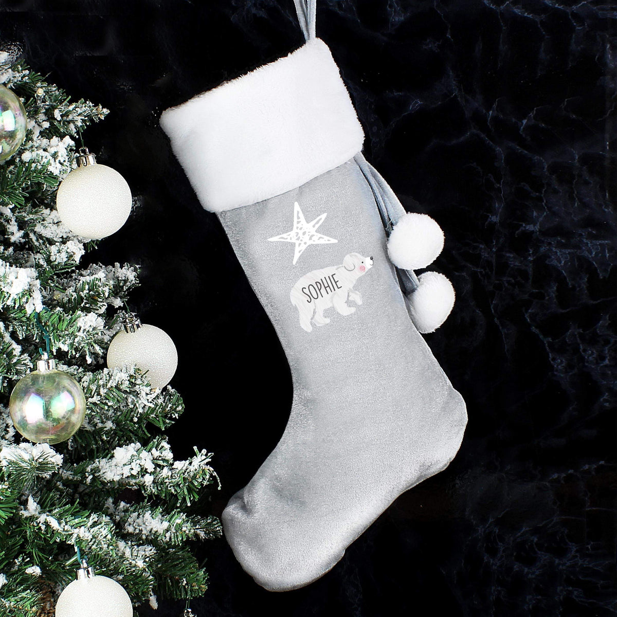 Personalised Memento Personalised Baby Polar Bear Luxury Silver Grey Stocking