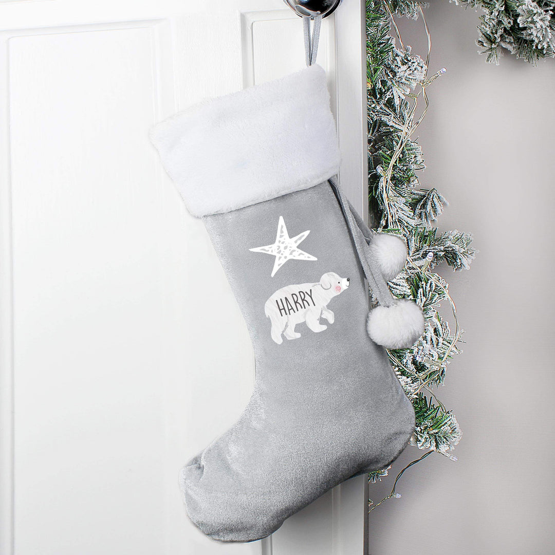 Personalised Memento Personalised Baby Polar Bear Luxury Silver Grey Stocking