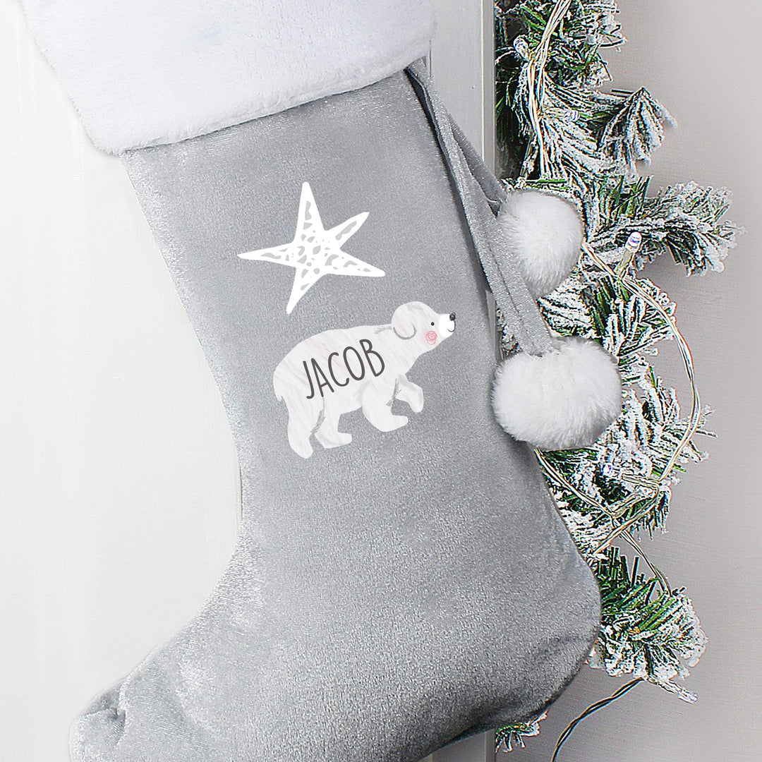 Personalised Memento Personalised Baby Polar Bear Luxury Silver Grey Stocking
