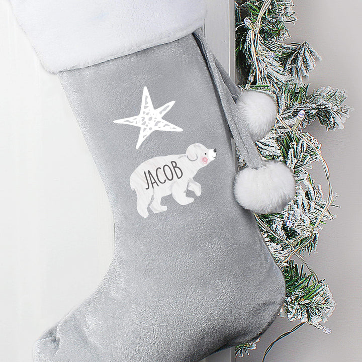 Personalised Memento Personalised Baby Polar Bear Luxury Silver Grey Stocking