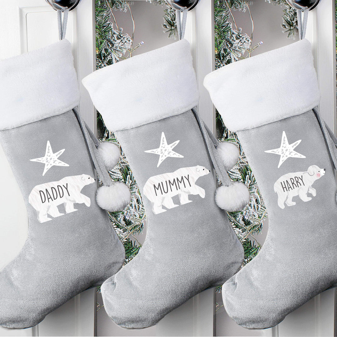 Personalised Memento Personalised Baby Polar Bear Luxury Silver Grey Stocking