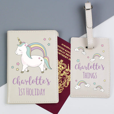 Personalised Memento Leather Personalised Baby Unicorn Cream Passport Holder & Luggage Tag Set