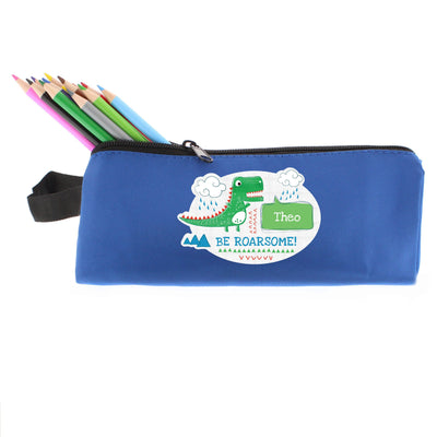 Personalised Memento Stationery & Pens Personalised 'Be Roarsome' Dinosaur Blue Pencil Case