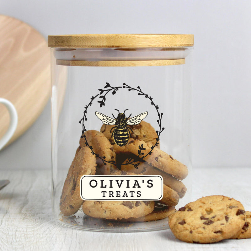 Personalised Memento Personalised Bee Glass Jar with Bamboo Lid