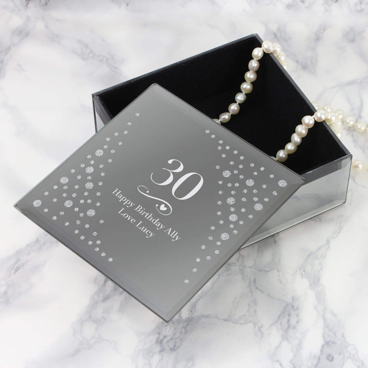 Personalised Memento Trinket, Jewellery &amp; Keepsake Boxes Personalised Big Age Swirls &amp; Hearts Diamante Glass Trinket Box