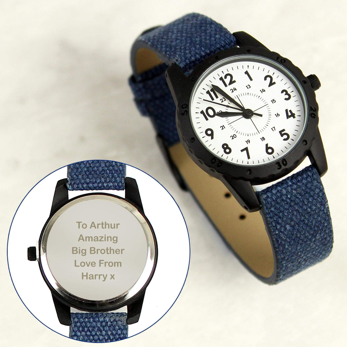 Personalised Memento Personalised Black with Blue Canvas Strap Boys Watch