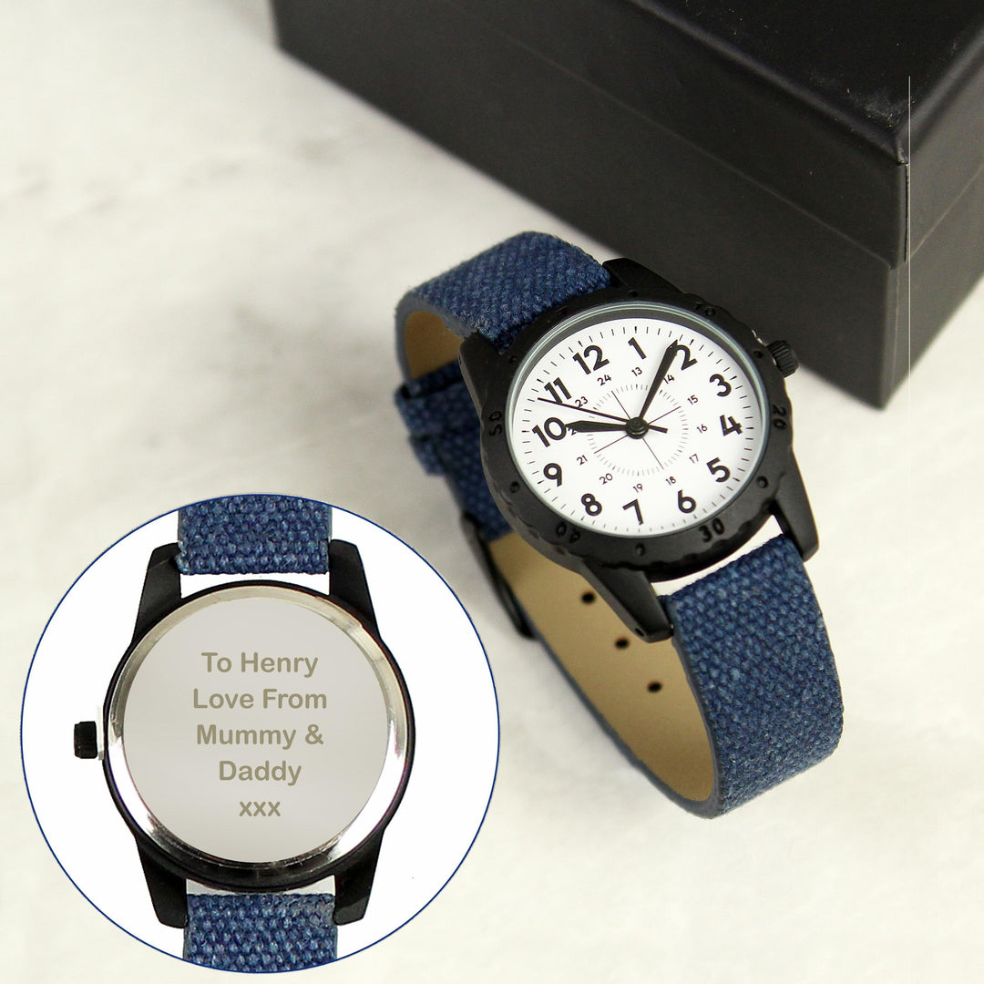Personalised Memento Personalised Black with Blue Canvas Strap Boys Watch