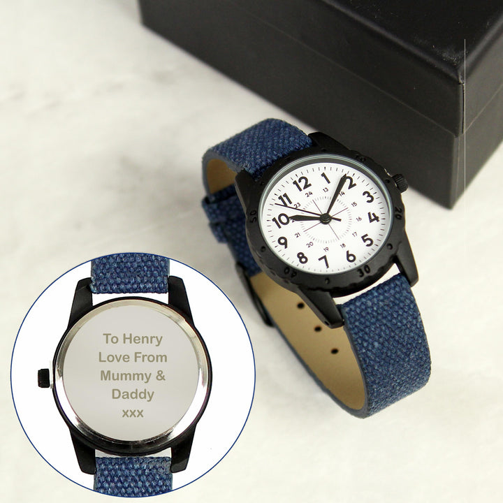 Personalised Memento Personalised Black with Blue Canvas Strap Boys Watch