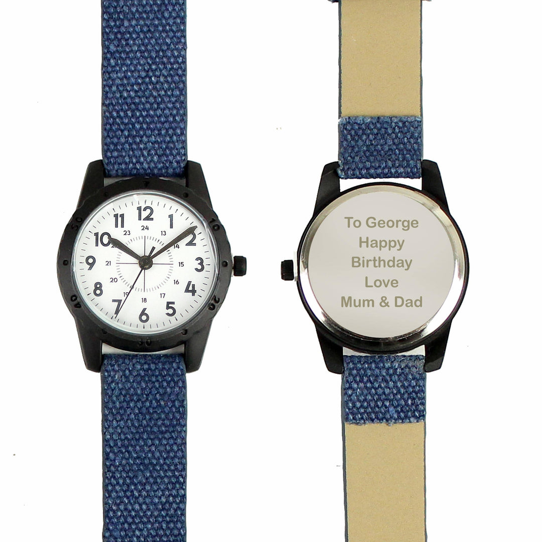 Personalised Memento Personalised Black with Blue Canvas Strap Boys Watch
