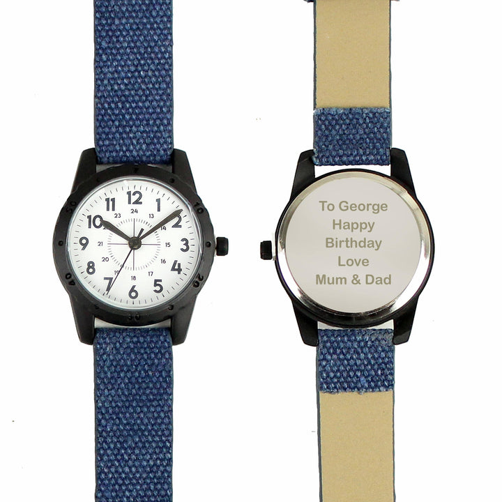 Personalised Memento Personalised Black with Blue Canvas Strap Boys Watch