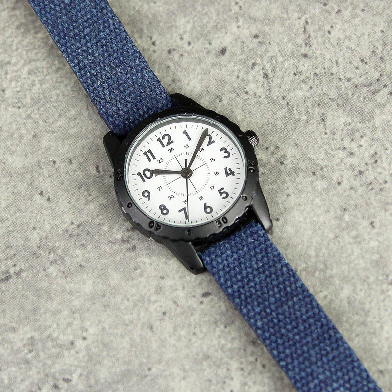 Personalised Memento Personalised Black with Blue Canvas Strap Boys Watch