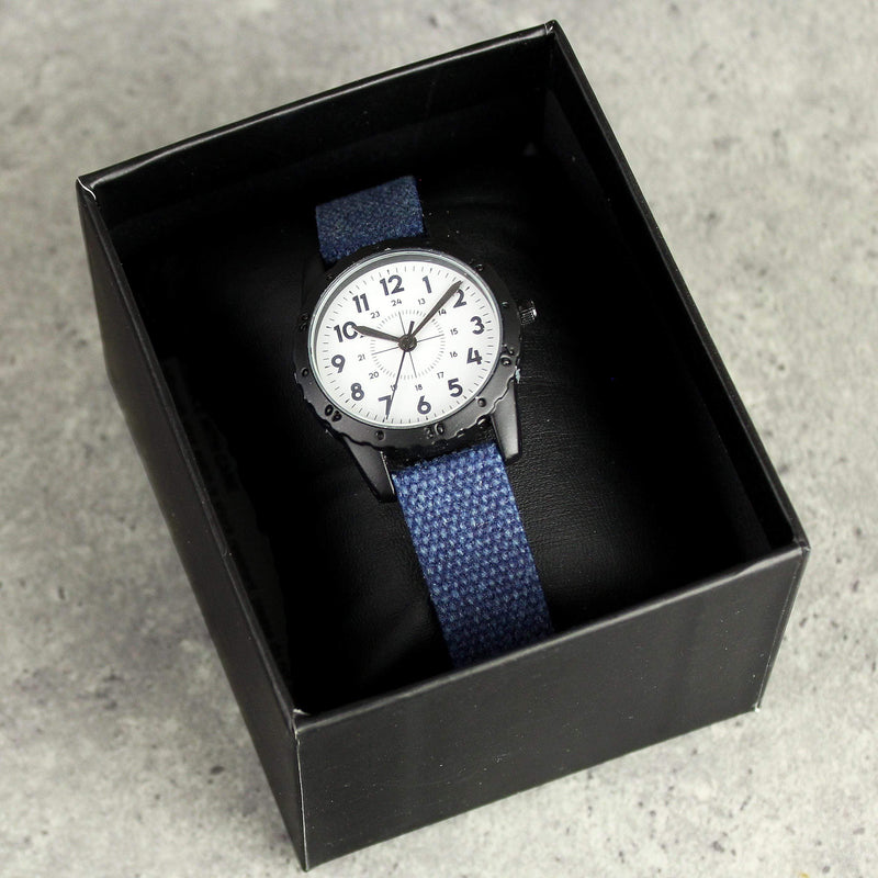 Personalised Memento Personalised Black with Blue Canvas Strap Boys Watch