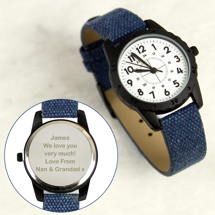 Personalised Memento Personalised Black with Blue Canvas Strap Boys Watch