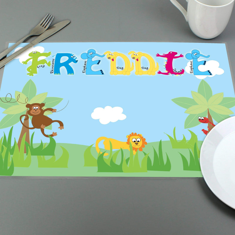 Personalised Memento Mealtime Essentials Personalised Blue Animal Alphabet Placemat