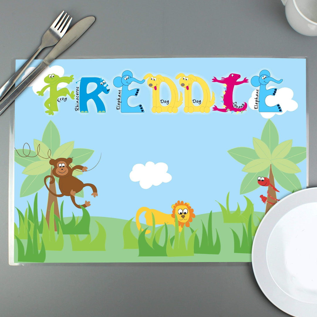 Personalised Memento Mealtime Essentials Personalised Blue Animal Alphabet Placemat