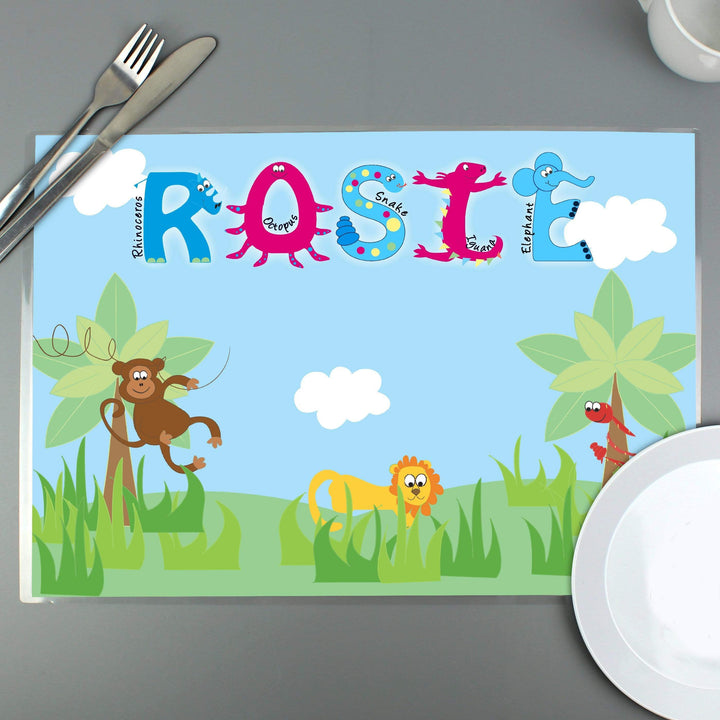 Personalised Memento Mealtime Essentials Personalised Blue Animal Alphabet Placemat