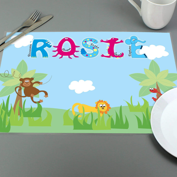 Personalised Memento Mealtime Essentials Personalised Blue Animal Alphabet Placemat
