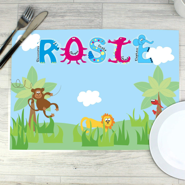 Personalised Memento Mealtime Essentials Personalised Blue Animal Alphabet Placemat
