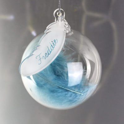 Personalised Memento Christmas Decorations Personalised Blue Feather Glass Bauble