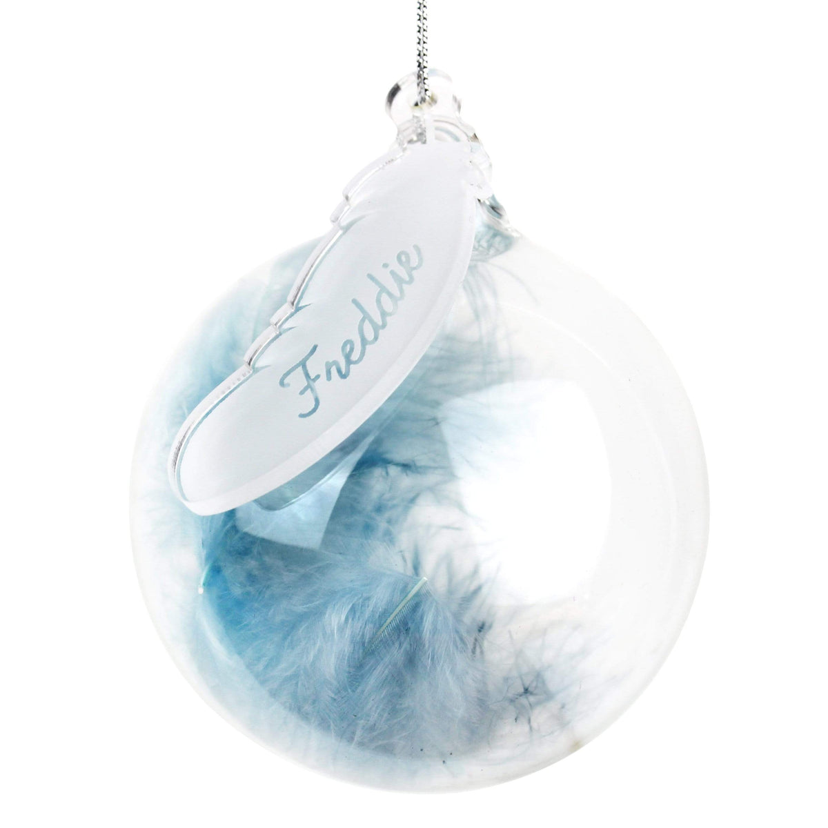 Personalised Memento Christmas Decorations Personalised Blue Feather Glass Bauble