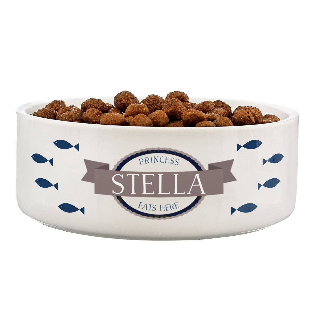 Personalised Memento Pet Gifts Personalised Blue Fish 14cm Medium White Pet Bowl